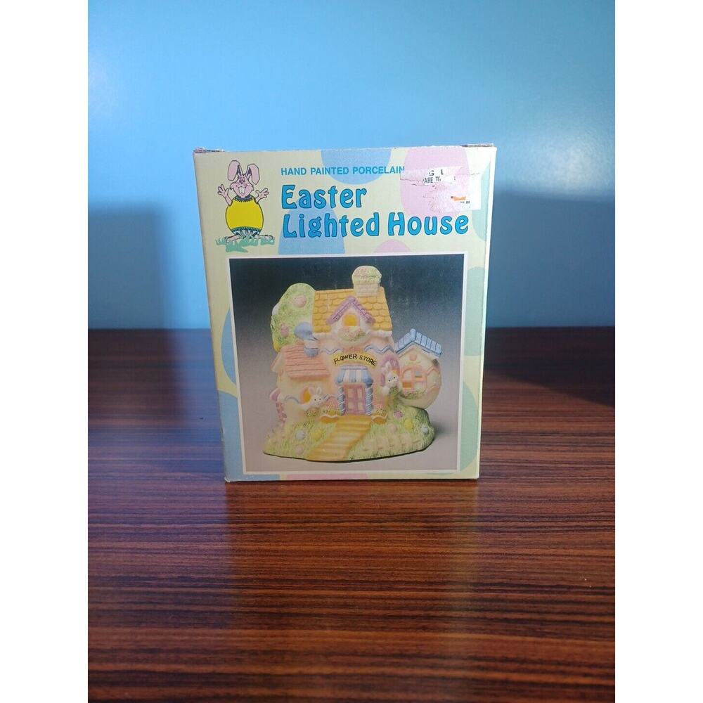 Vintage EASTER Lighted Porcelain Handpainted House Flower Store Works Bunnies